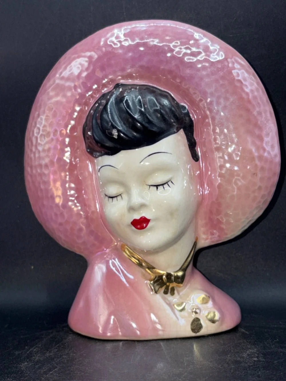 Vintage MCM Hand Painted Lusterware Pink Hat Lady Head Vase Ceramic Wall Pocket